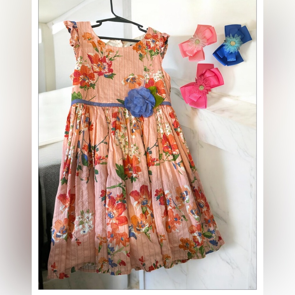 Floral Kids Dress with Blue Accents